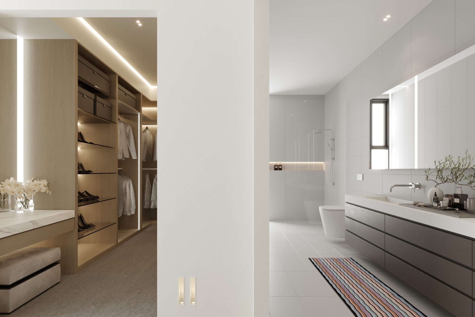 Dressing room with integrated lighting alongside the ensuite at 365 Esplanade