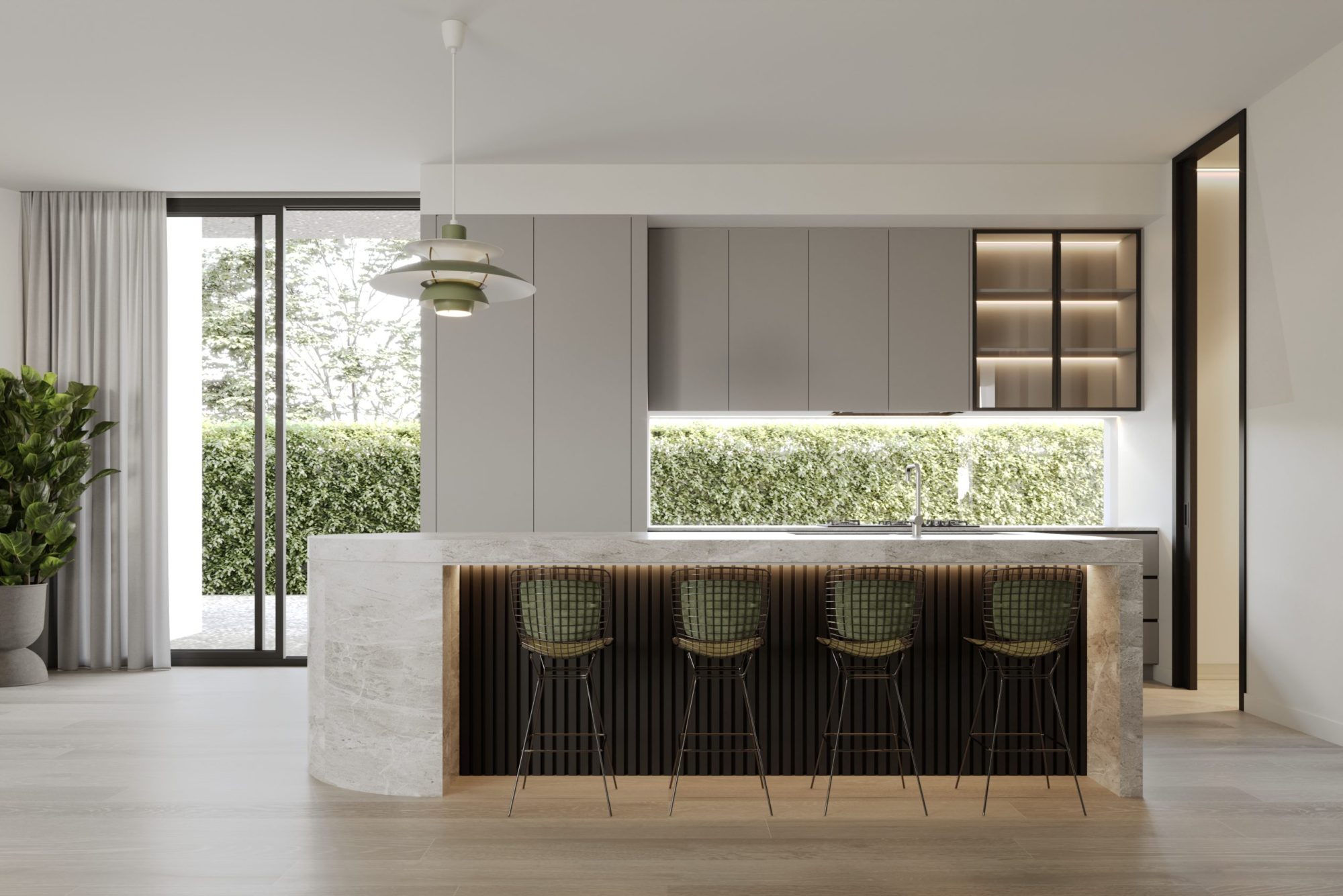 Kitchen at 365 Esplanade with curved stone island, slatted joinery and window splashback