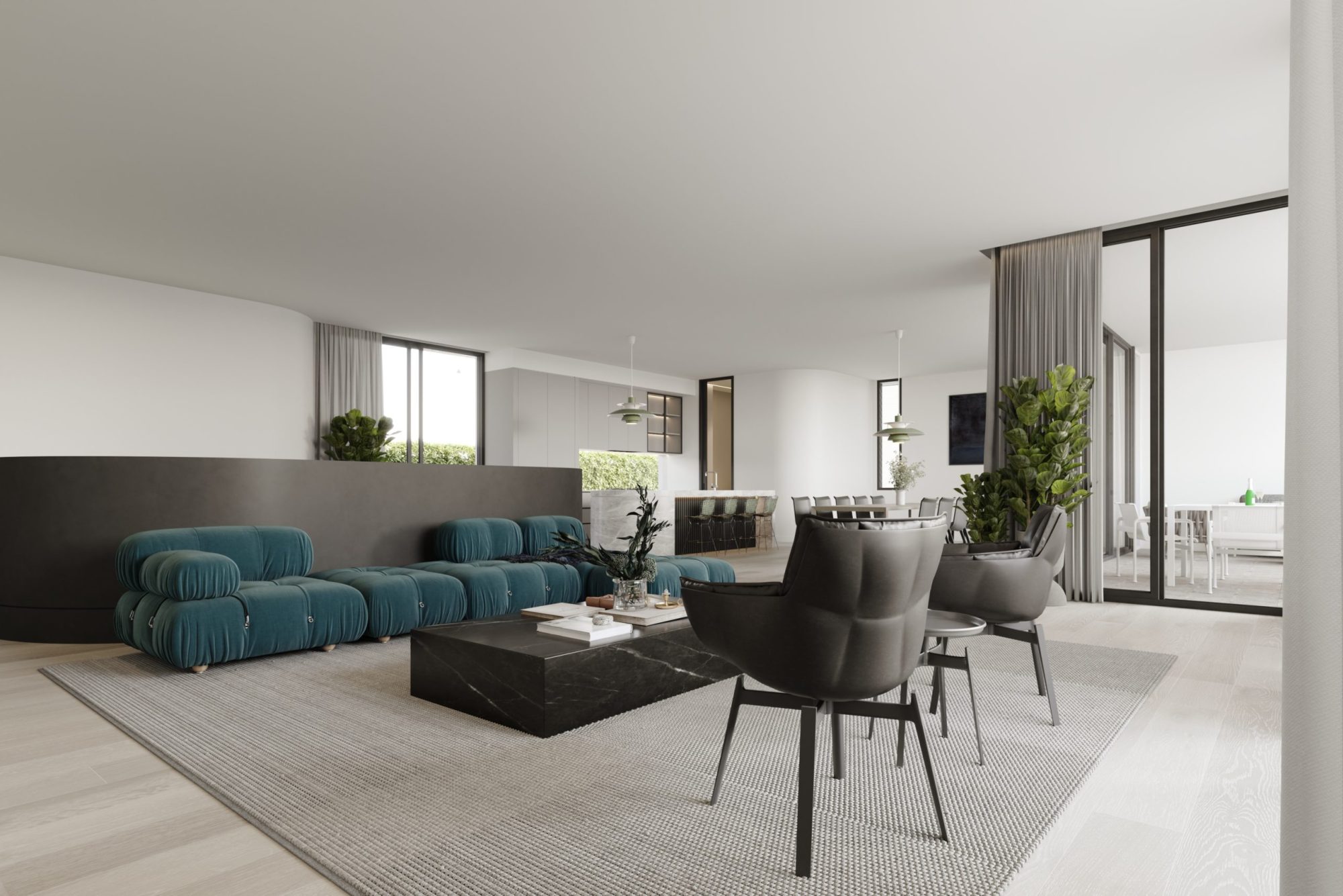 Open-plan living area at 365 Esplanade with modular sofa, curved feature wall and oak flooring