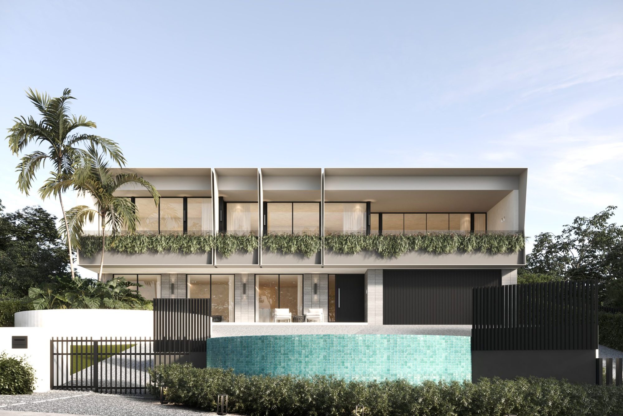 Street elevation of 365 Esplanade, Mt Martha, showing the upper-level glazed bays and mosaic-tiled pool wall