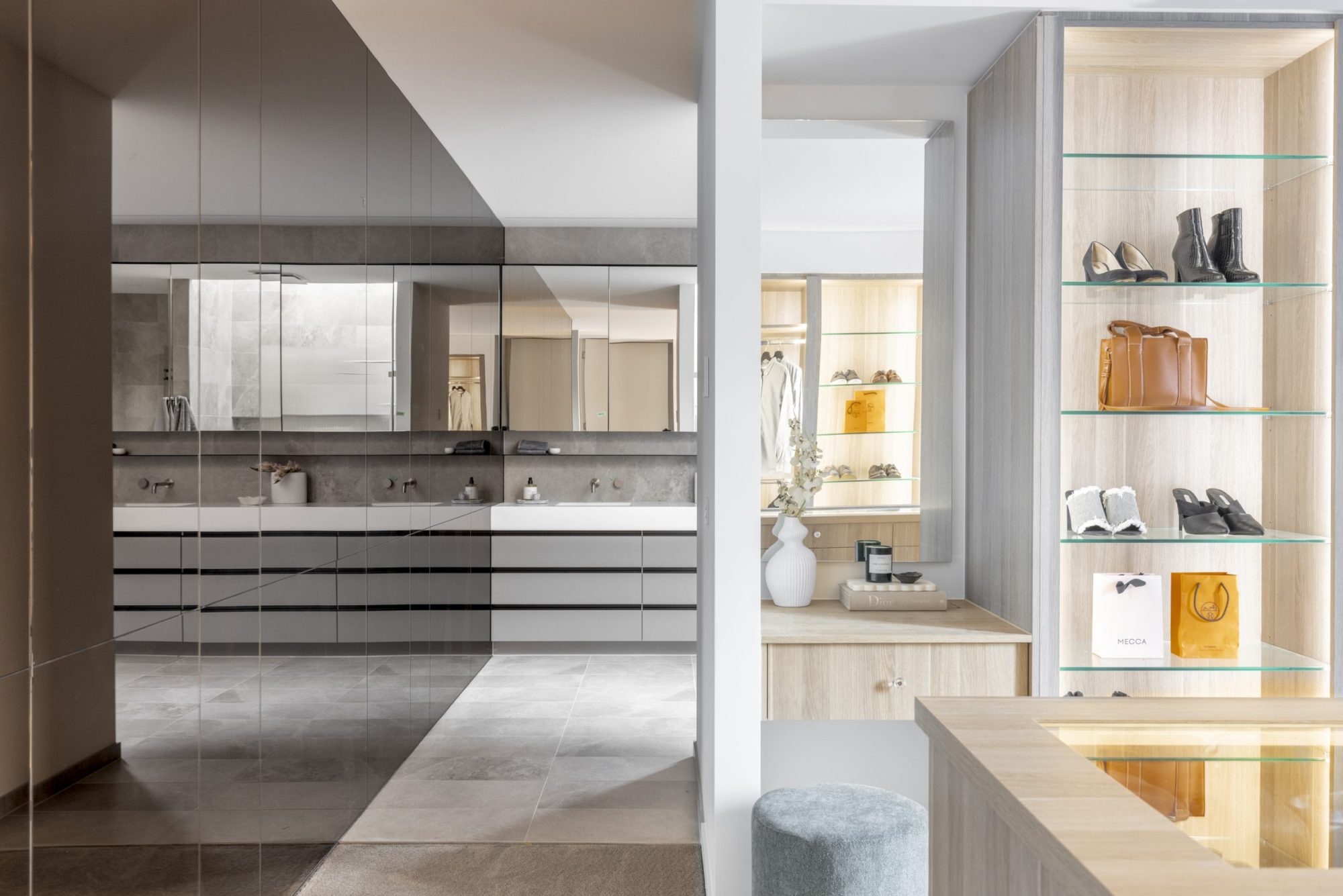 Kitchen joinery with illuminated glass display shelving, Scheele Residence Surrey Hills